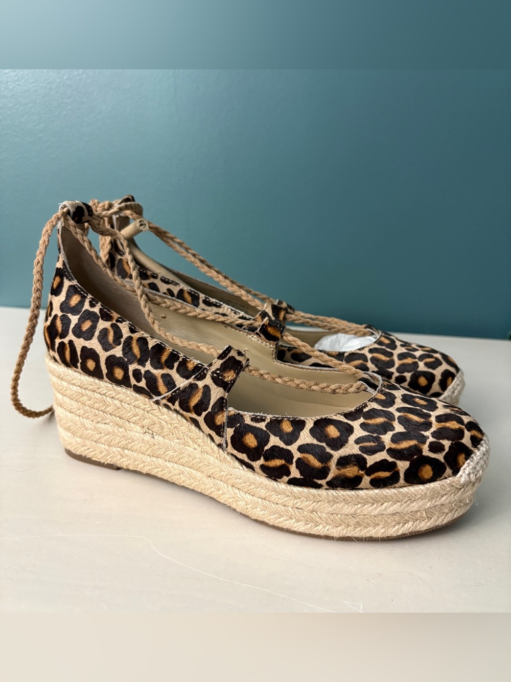 Ann Taylor NWOB Elsa Leopard Print Calf Hair Espadrille Wedges Size 6